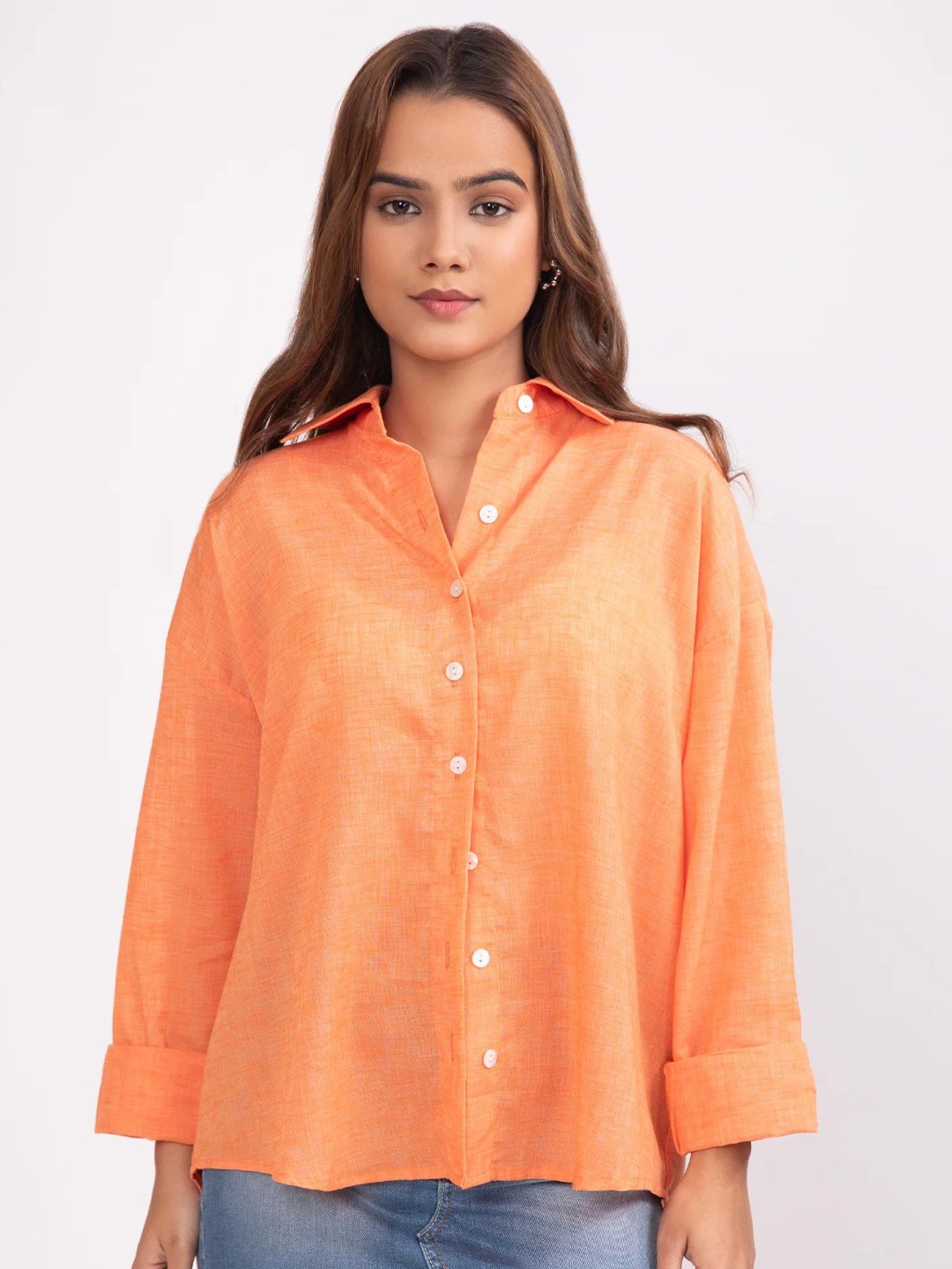 

BOTNIA Spread Collar Drop Shoulder Sleeves Cotton Oversized Casual Shirt, Orange