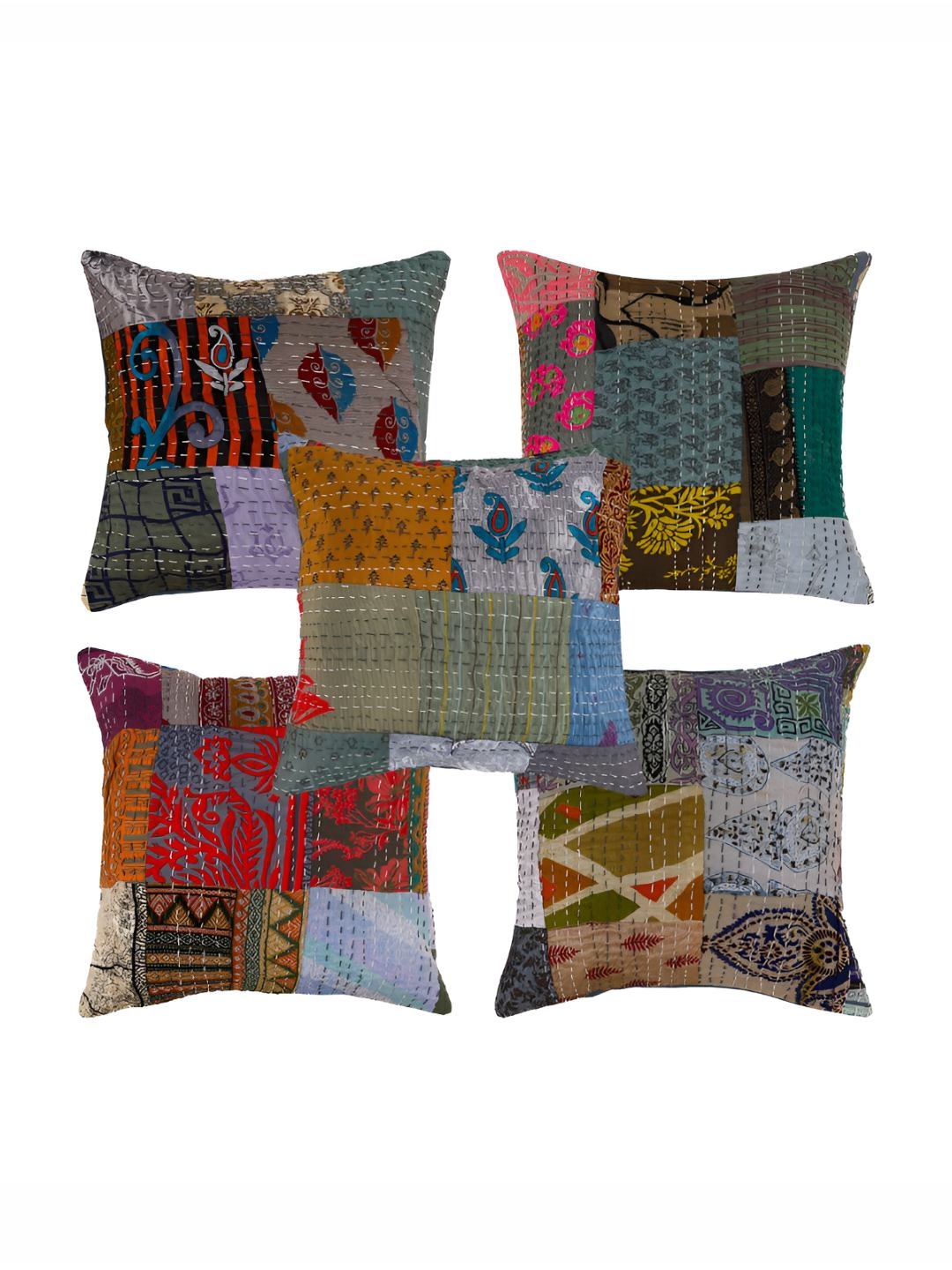 

PURINA'S Red & Green 5 Pieces Ethnic Motifs Square Cushion Covers