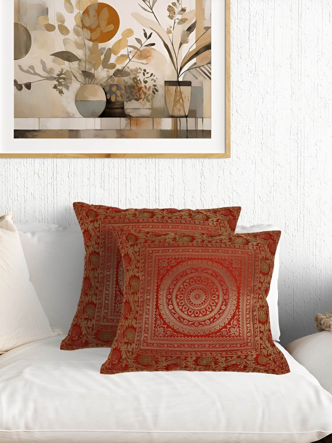

PURINA'S Maroon & Gold-Toned 2 Pieces Ethnic Motifs Square Cushion Covers