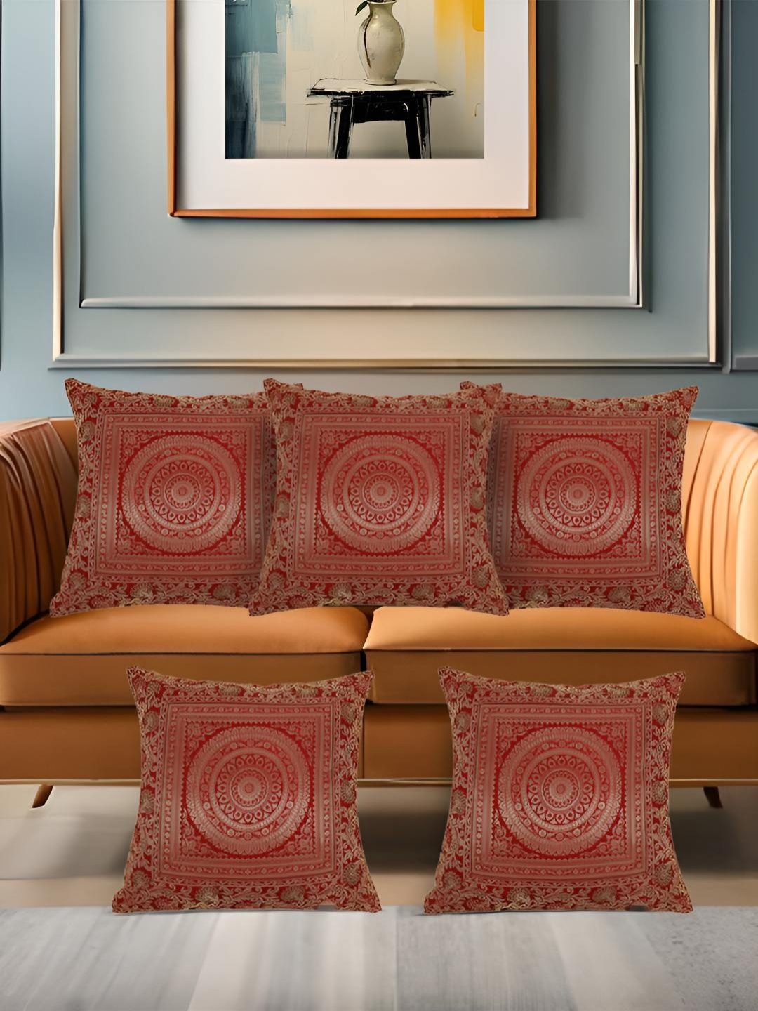 

PURINA'S Red & Gold-Toned 5 Pieces Square Cushion Covers