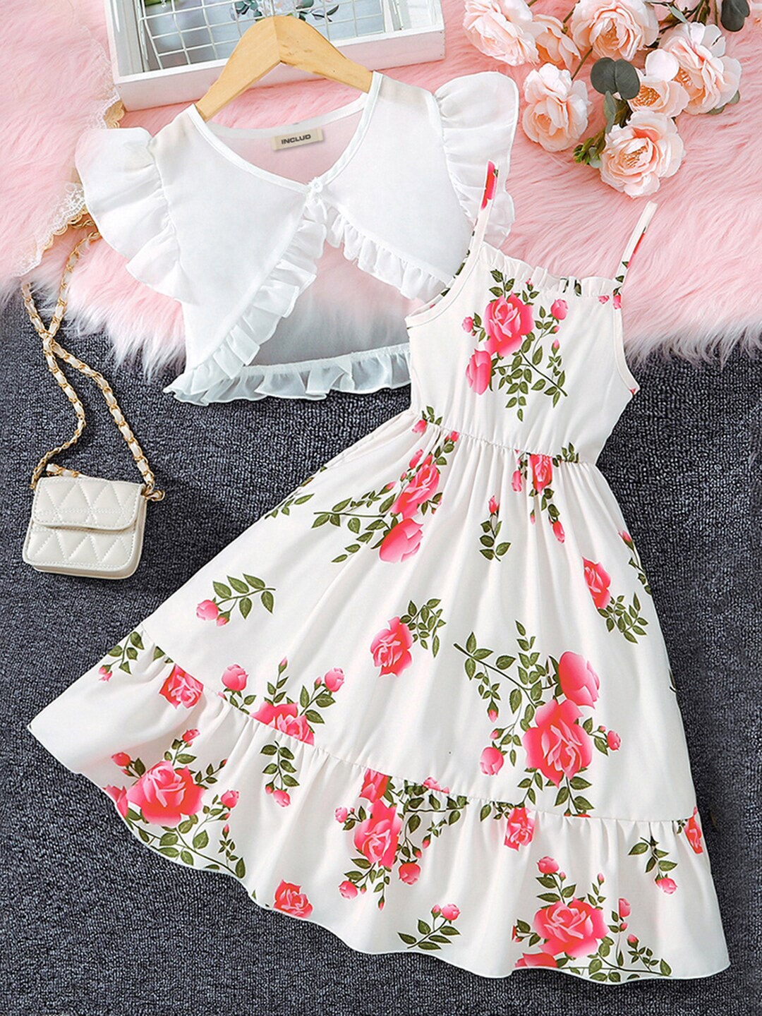 

INCLUD Girls Floral Printed Shoulder Straps Fit & Flare Dress With Jacket, White