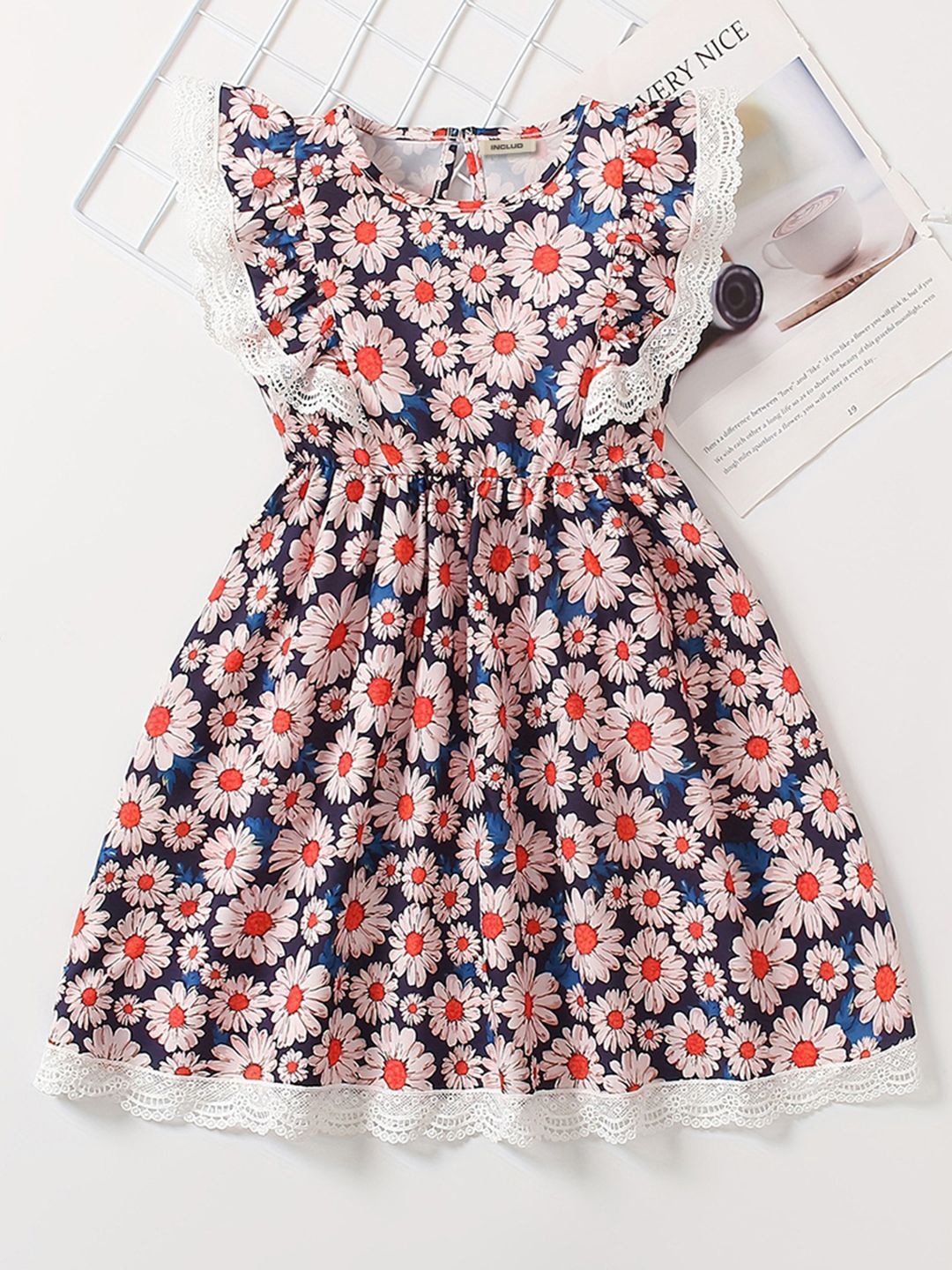 

INCLUD Girls Floral Printed Flutter Sleeve Fit & Flare Dress, Blue