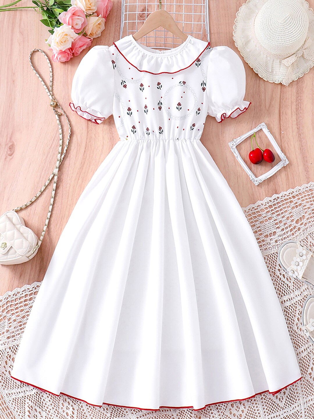 

INCLUD Girls Floral Printed Puff Sleeve Fit & Flare Dress, White
