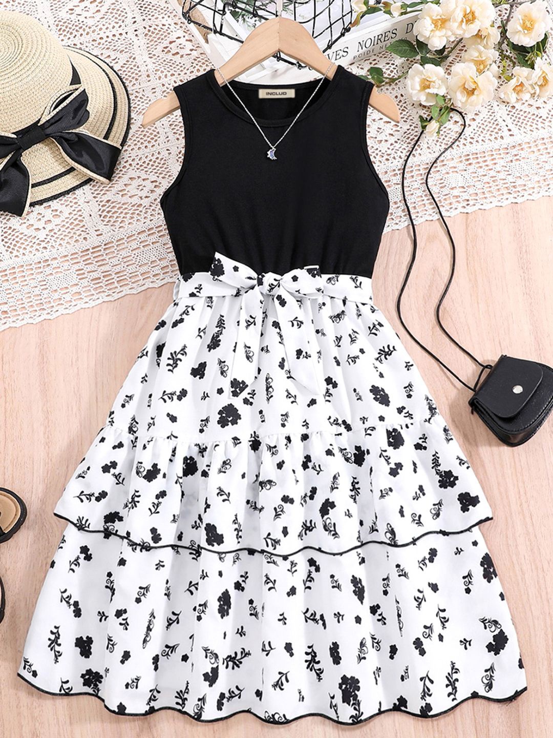 

INCLUD Girls Floral Printed Fit & Flare Dress Comes With A Belt, Black