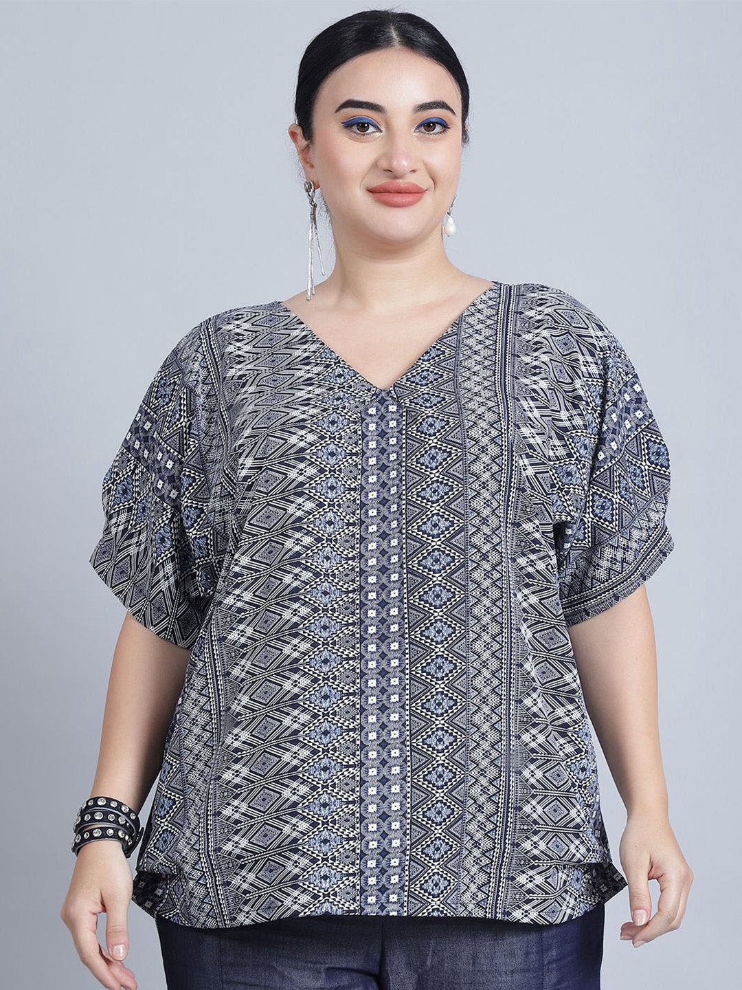 

Baawri V-Neck Ethnic Printed Top, Blue