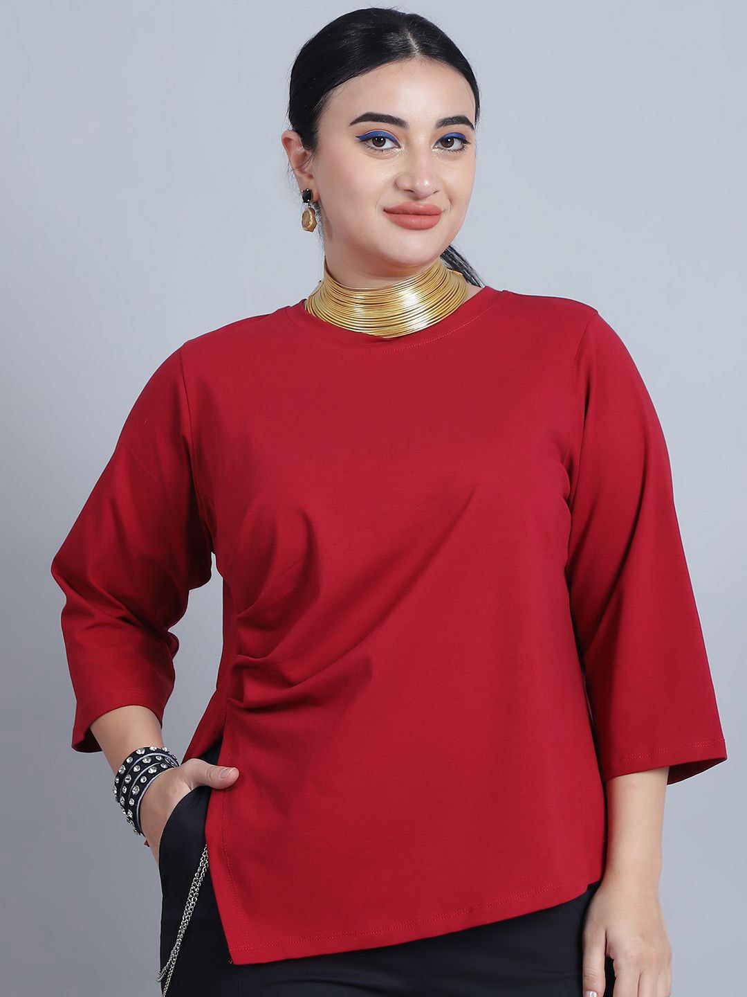 

Baawri Round Neck Gathered or Pleated Top, Red