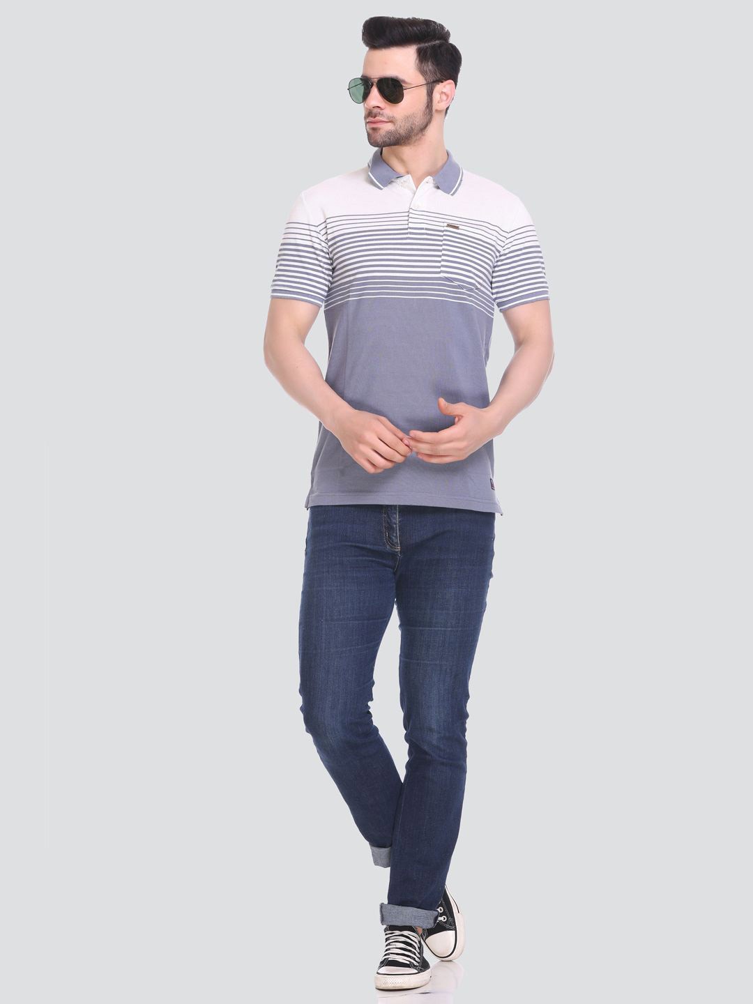 

Tuckinn Striped Polo Collar Cotton Casual T-shirt, Grey