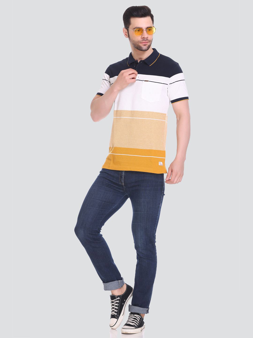 

Tuckinn Striped Polo Collar Cotton Casual T-shirt, White