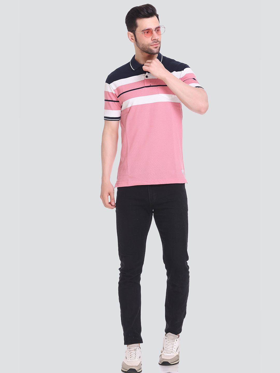 

Tuckinn Striped Polo Collar Cotton Casual T-shirt, Pink