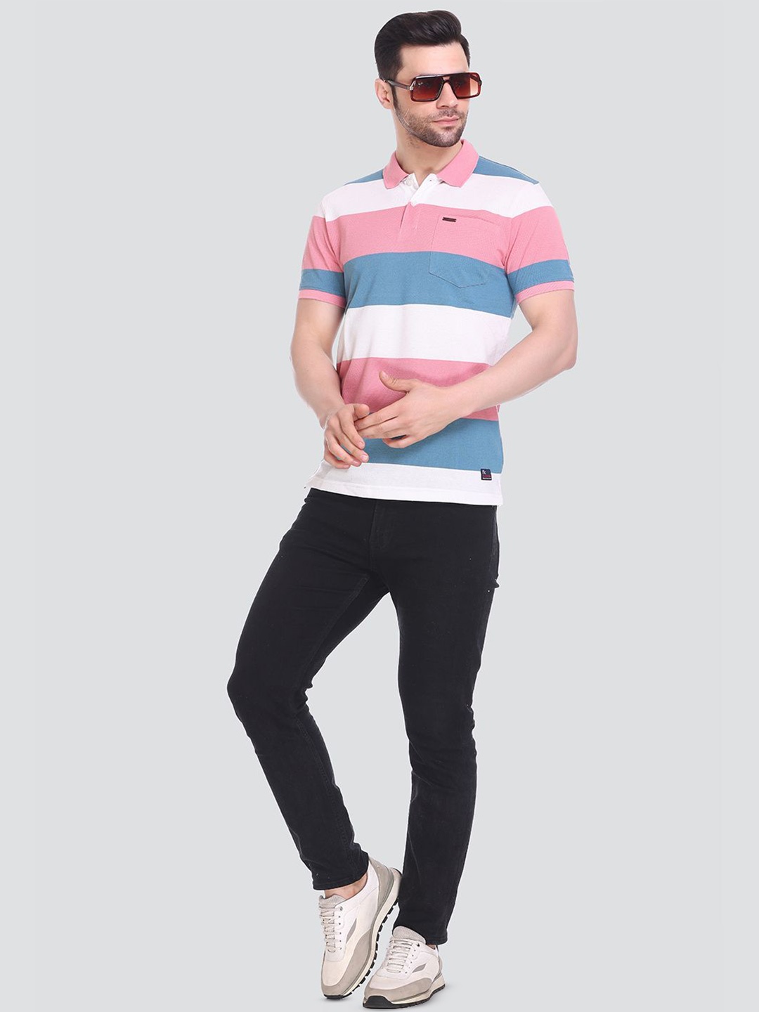 

Tuckinn Striped Polo Collar Cotton Casual T-shirt, White