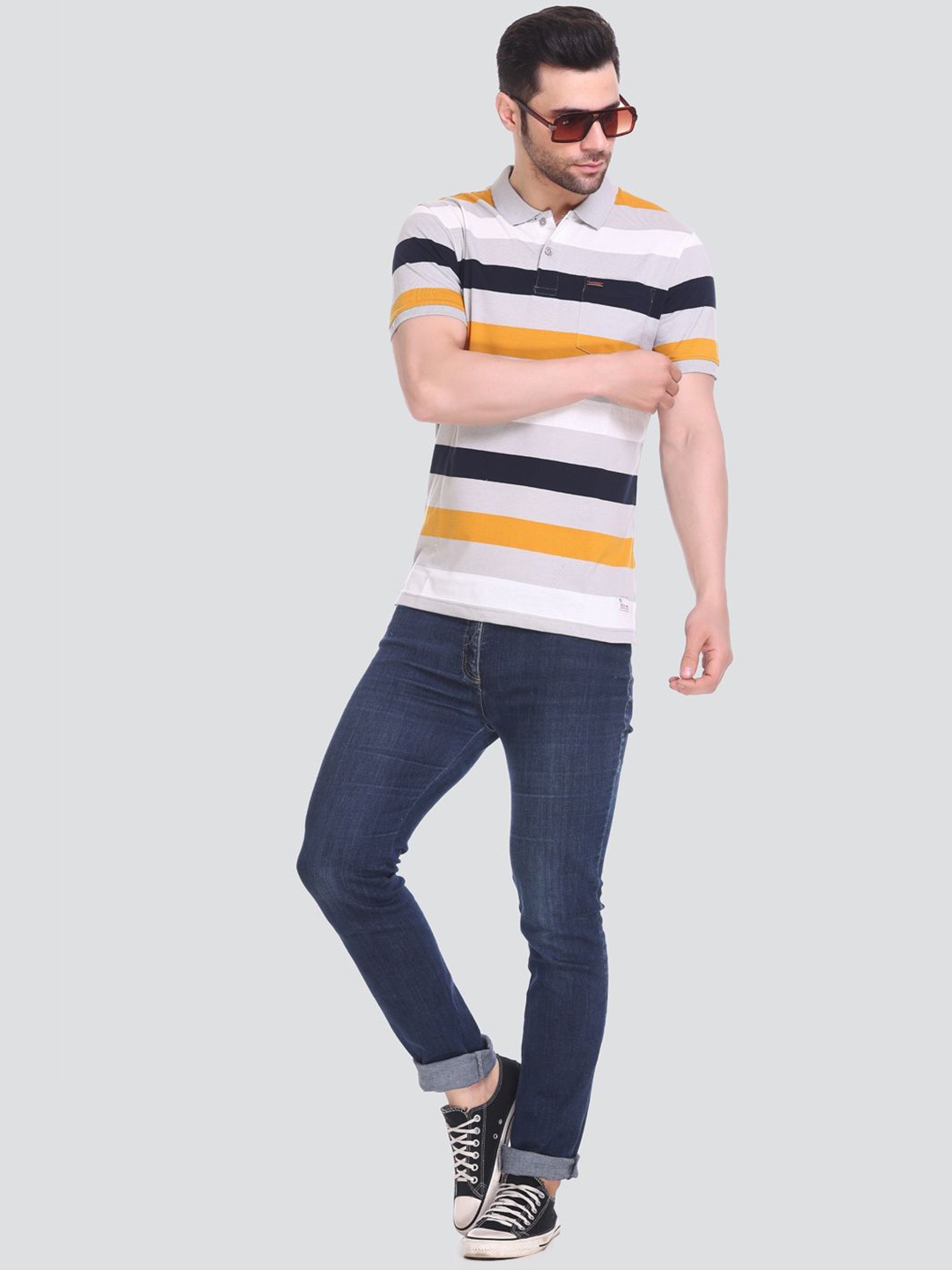 

Tuckinn Striped Polo Collar Cotton Casual T-shirt, Grey