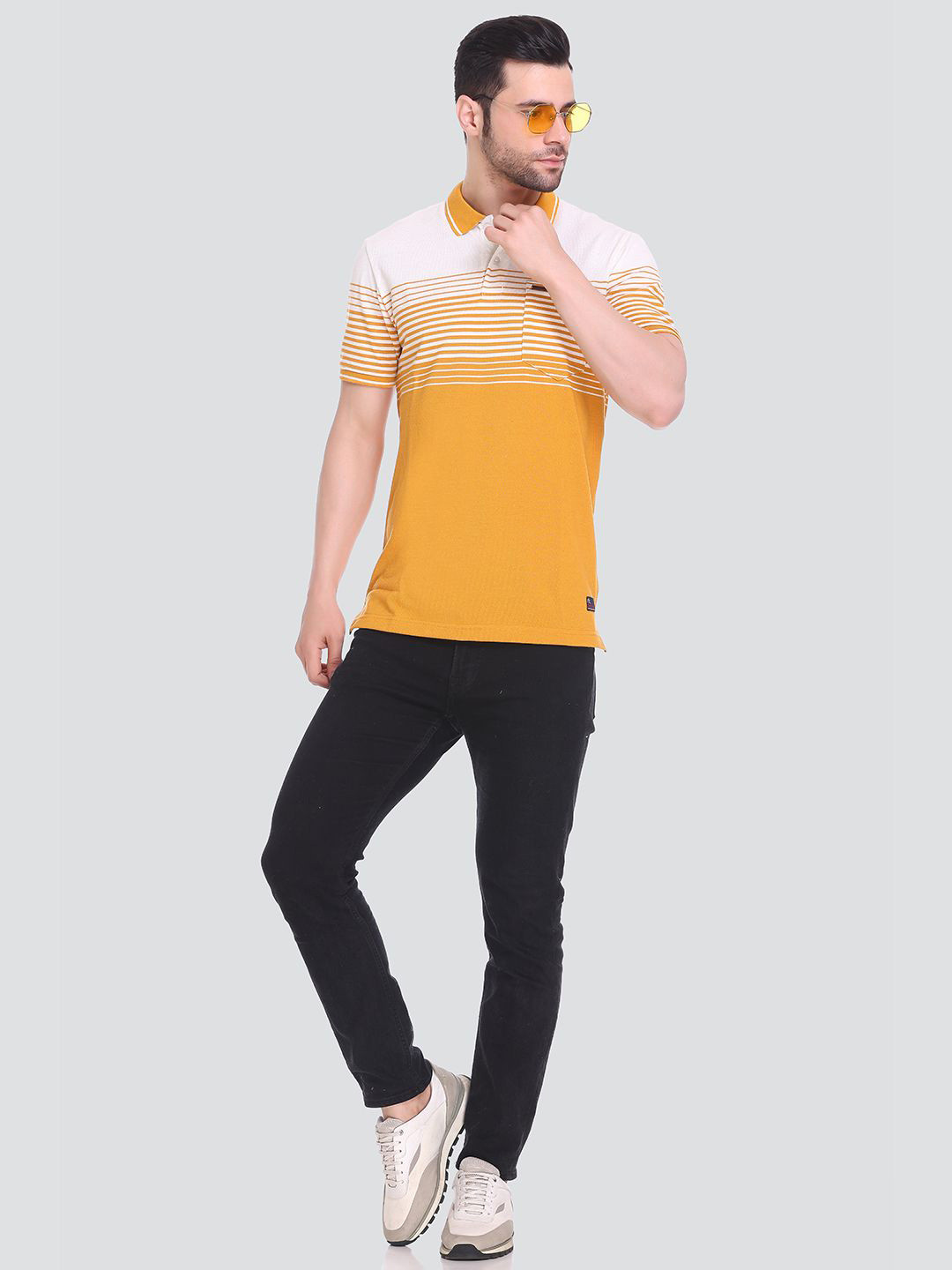 

Tuckinn stripper t-shirt Men Striped Polo Collar Pockets T-shirt, Yellow