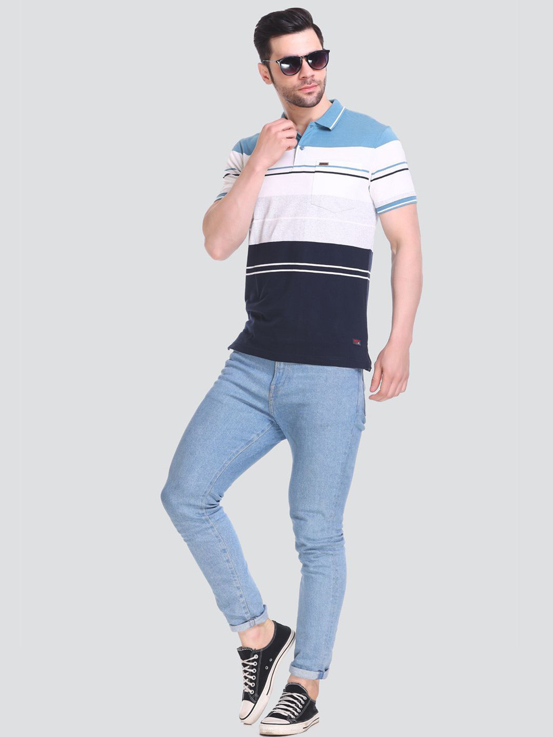 

Tuckinn Striped Polo Collar Cotton Casual T-shirt, White
