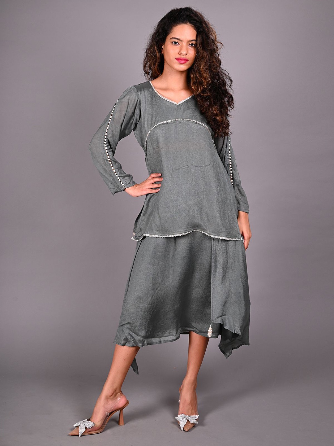 

ODETTE Embellished V-Neck A-Line Midi Dress, Grey