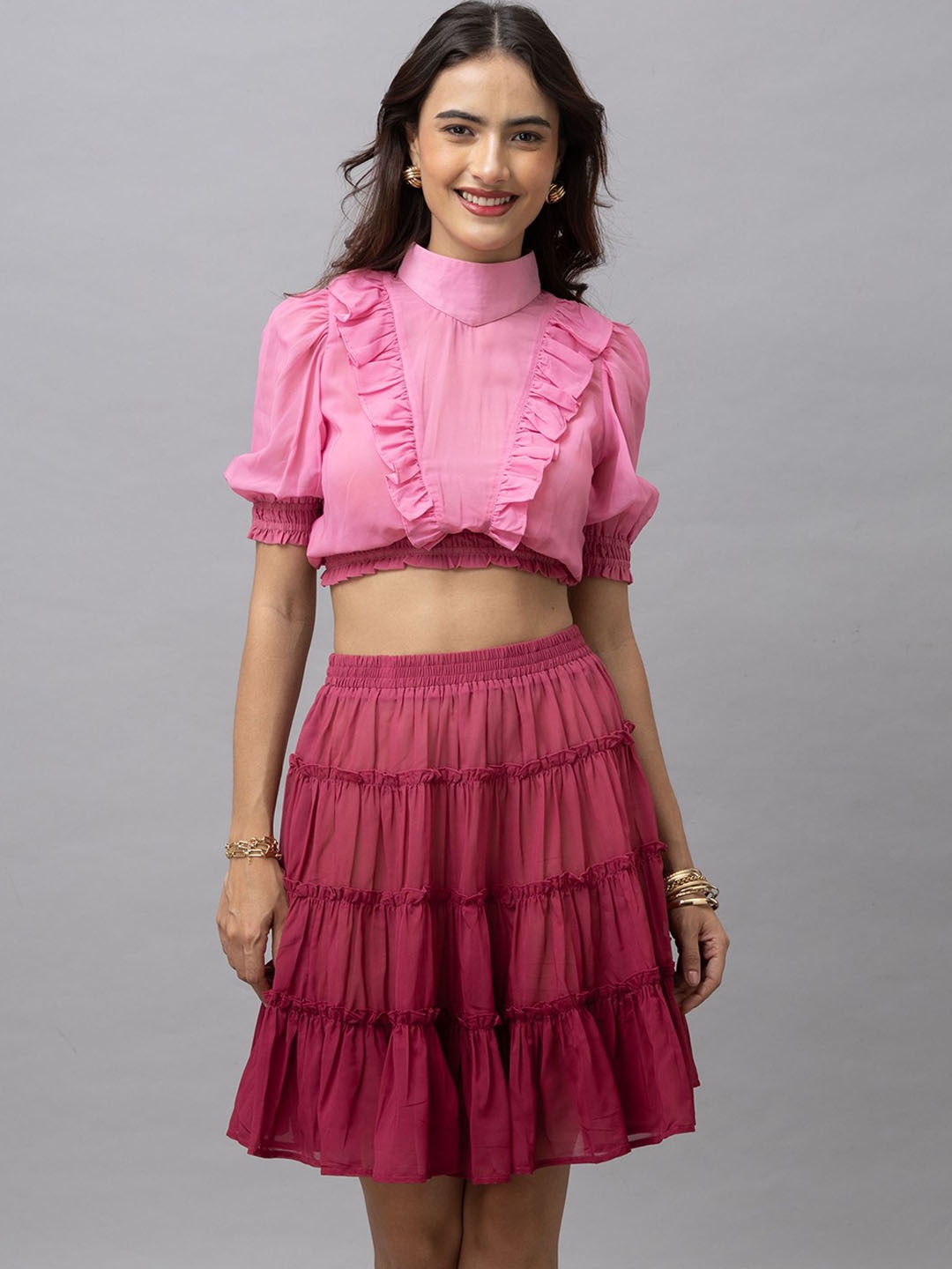 

HAUTEQUE Ombre High Neck Ruffle Detail Puff Sleeves Casual Crop Top With Tiered Skirt, Pink