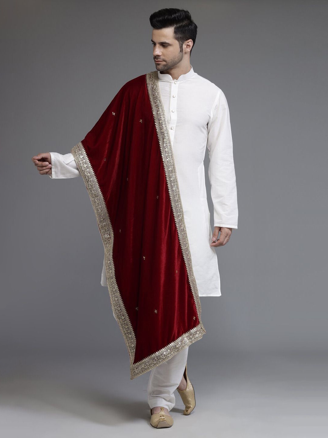 

Utsav Fashion Ethnic Motifs Embroidered Velvet Dupatta with Beads and Stones, Maroon