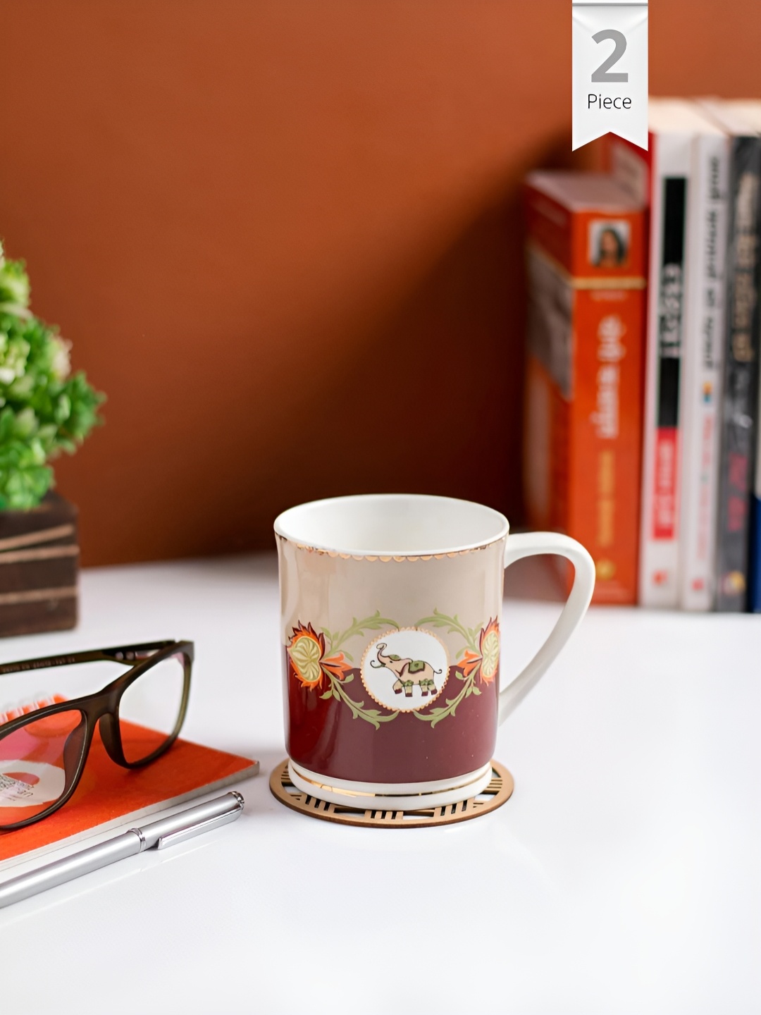 

JCPL Fine Ceramic Beige & Maroon 2 Pieces Printed Glossy Mugs 370 Ml