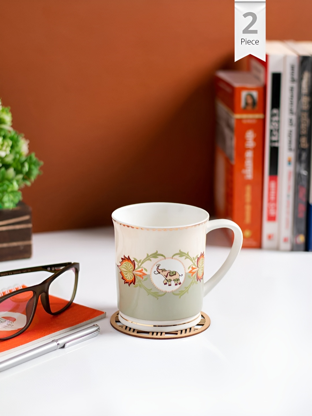 

JCPL Fine Ceramic White & Green 2 Pieces Printed Glossy Mugs 370 Ml