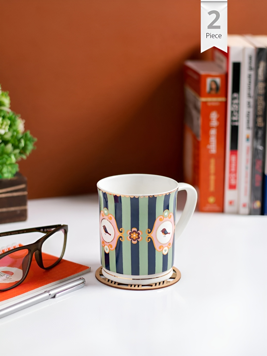 

JCPL Green & Orange 2 Pieces Printed Ceramic Glossy Mug 370 ml