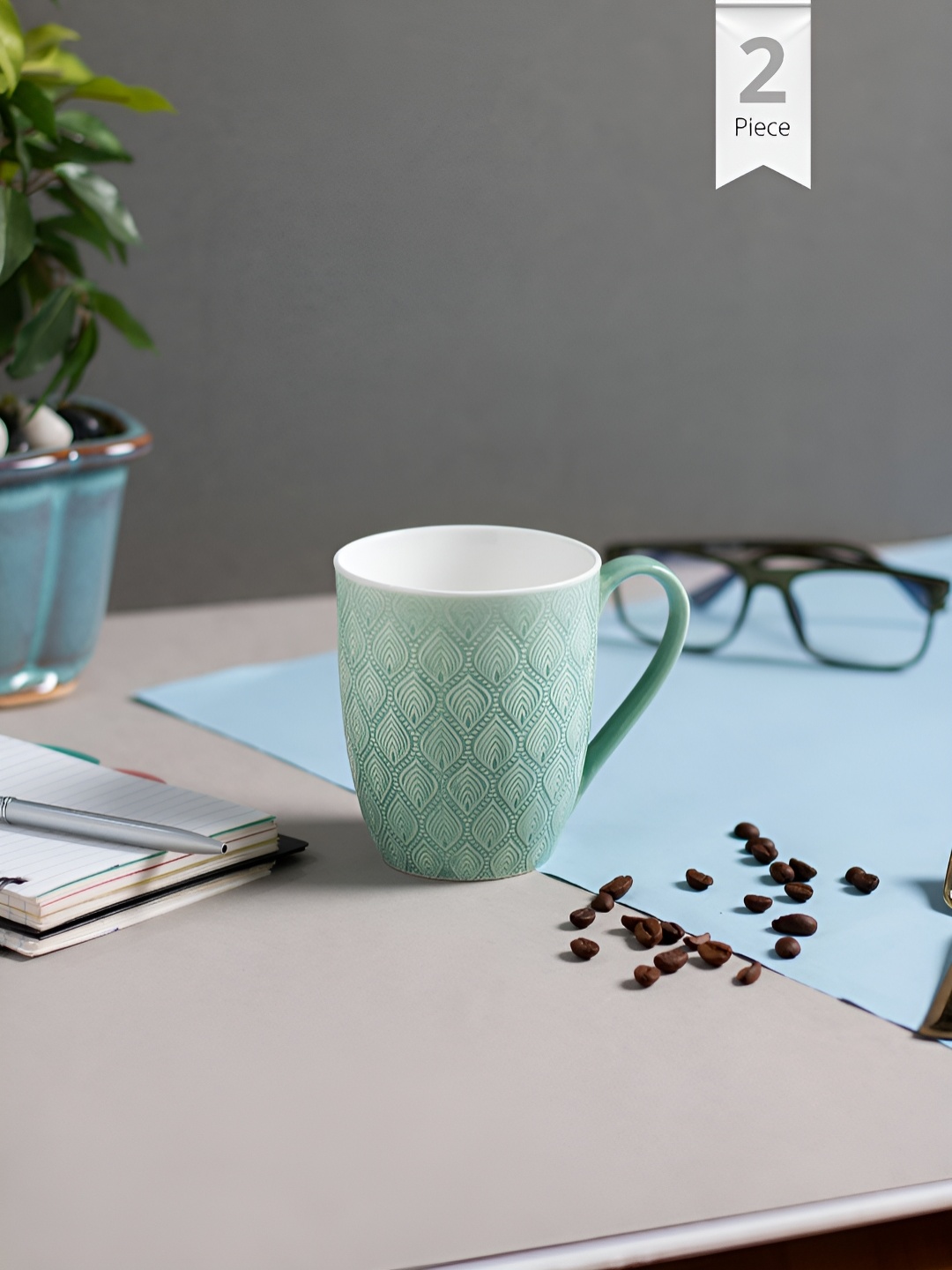 

JCPL Fine Ceramic Green & White 2 Pieces Floral Printed Glossy Mugs 360 Ml Each