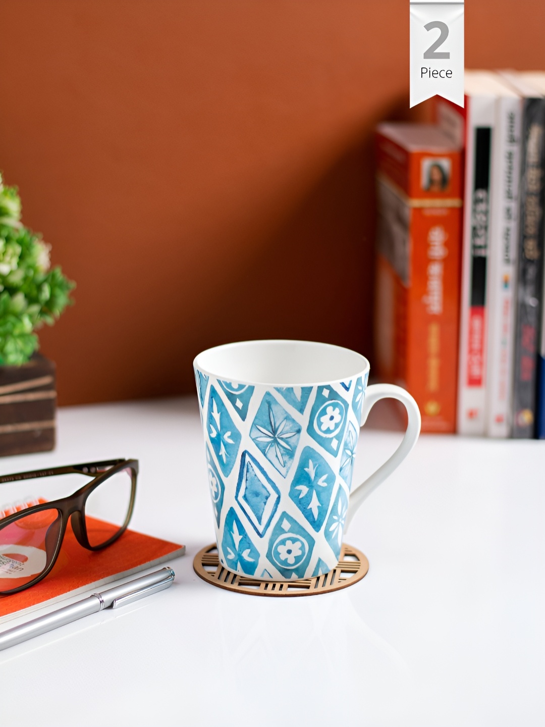 

JCPL Blue & White 2 Pieces Printed Ceramic Glossy Mugs 340 ml Each