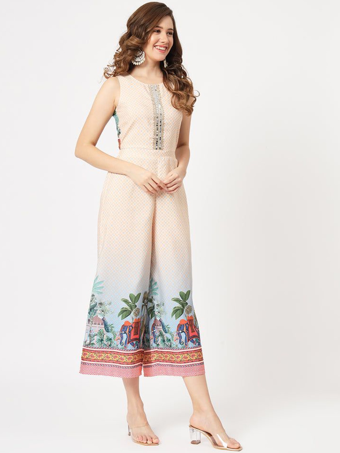 

Pannkh Printed Sleeveless Culotte Jumpsuit, Beige