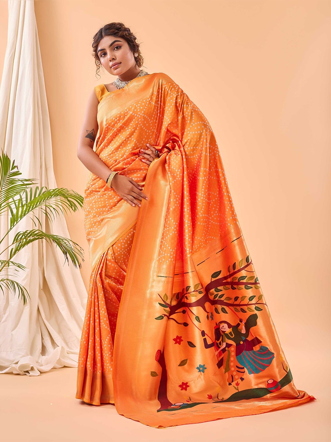 

Mitera Bandhani Zari Paithani Saree, Orange