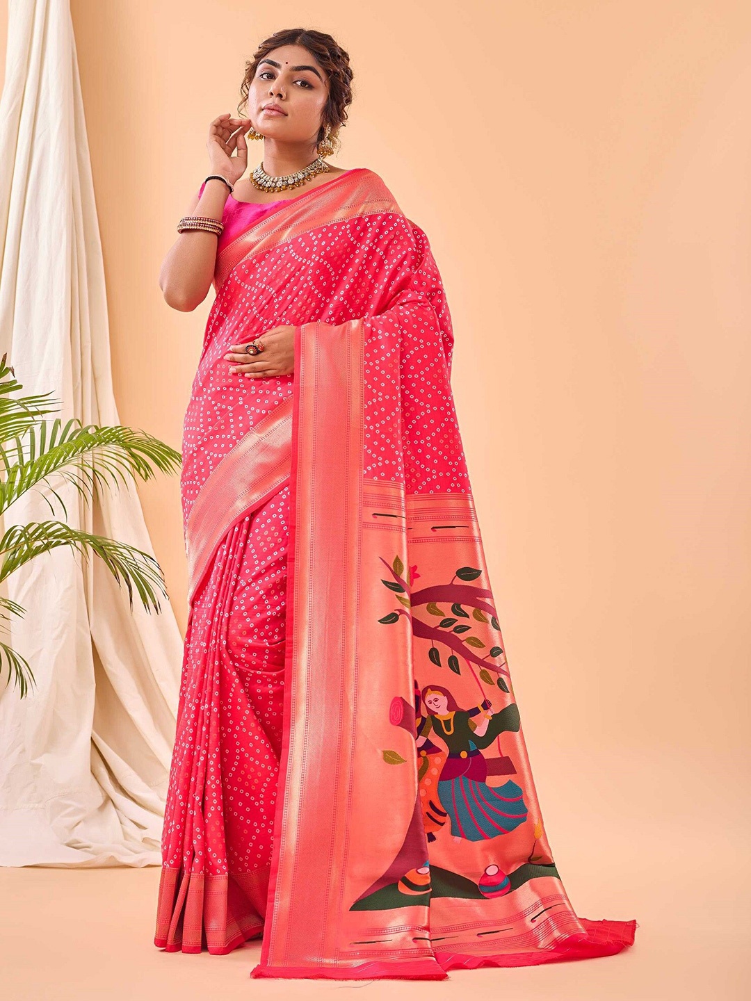 

Mitera Bandhani Zari Paithani Saree, Pink