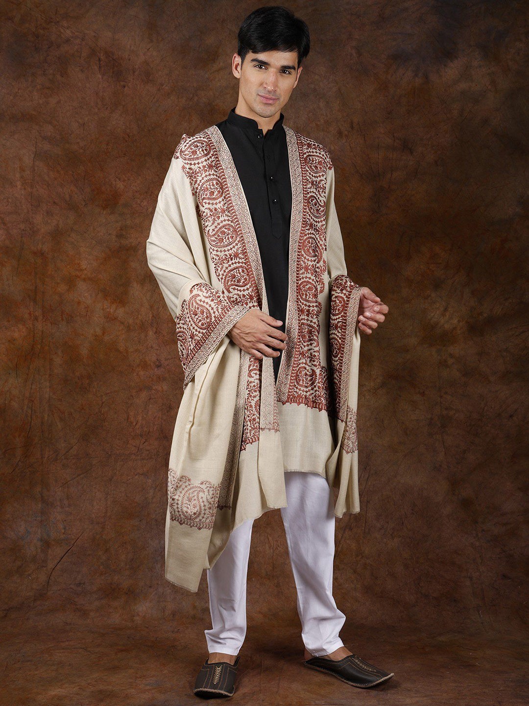 

Exotic India Pistachio Shell Aari Embroidered Paisleys Border Pure Wool Shawl, Beige