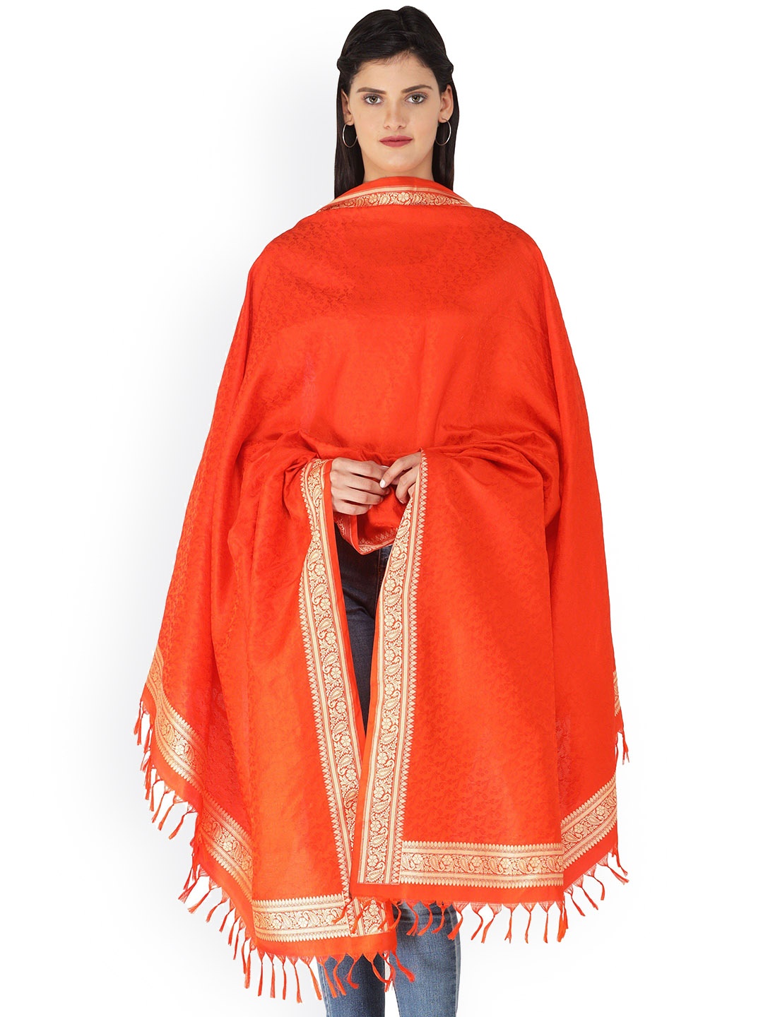 

Exotic India Spicy Orange Hand-Woven Pure Silk Tanchoi Weave Banarasi Shawl