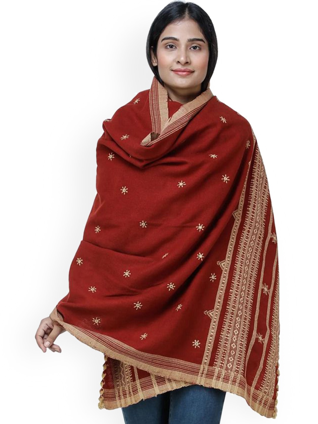 

Exotic India Mandarin Red Wool Embroidered Flowers and Mirrors Shawl