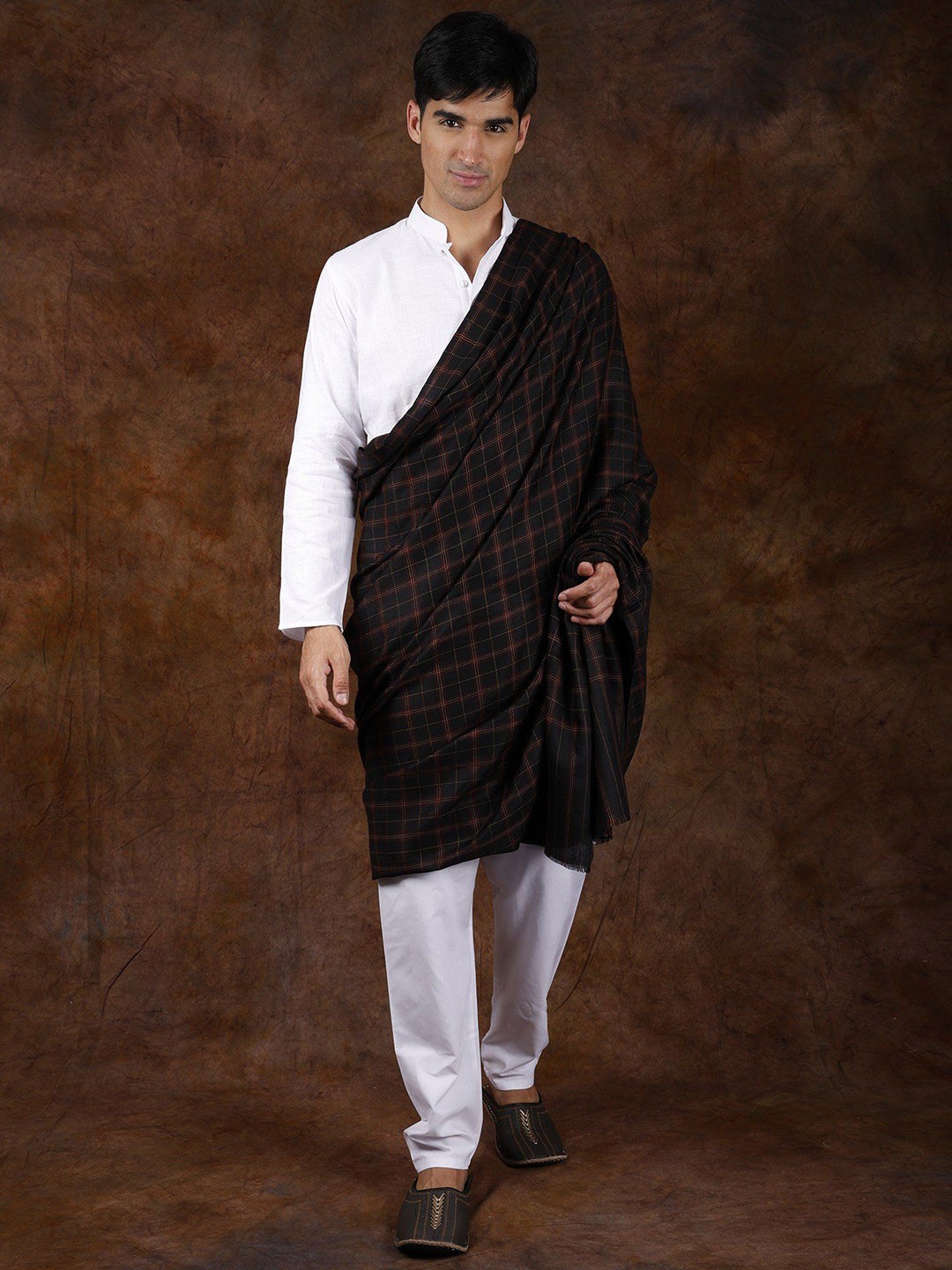 

Exotic India Jet Black Pure Wool Kashmiri Shawl with Woven Plaids