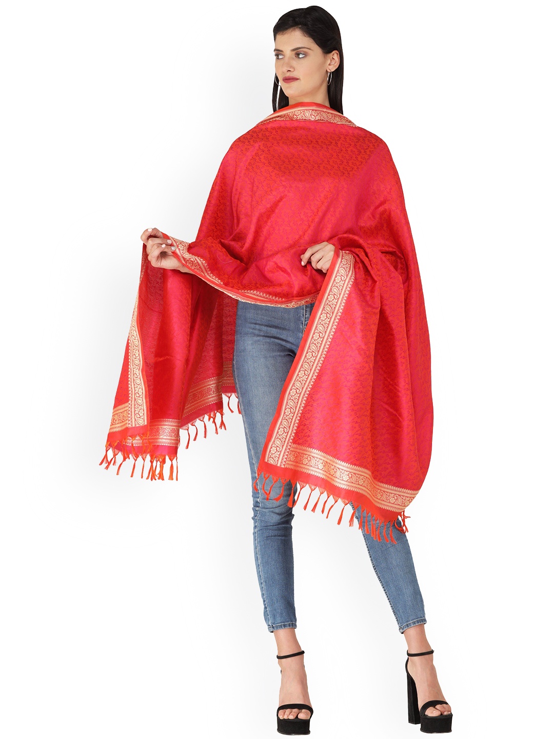 

Exotic India Cayenne Hand-Woven Pure Silk Tanchoi Weave Banarasi Shawl, Pink