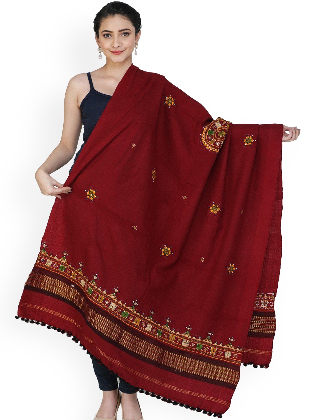

Exotic India Garnet Chakra and Mirrors Embroidered Wool Shawl, Maroon
