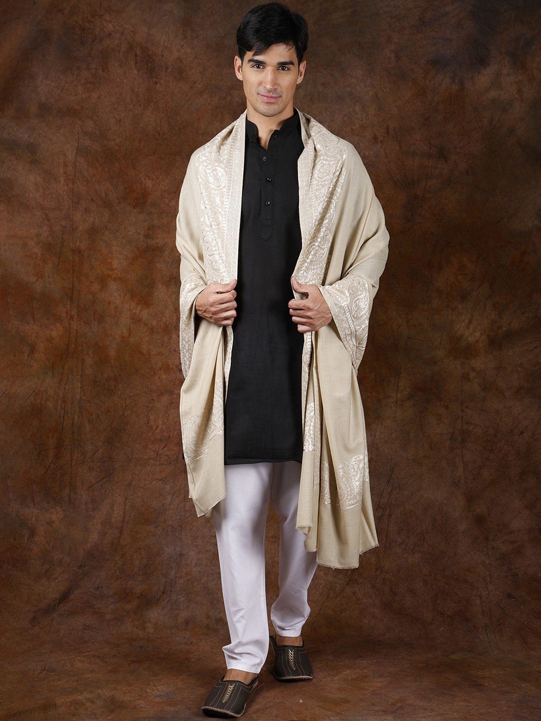 

Exotic India Castle Wall Aari Embroidered Paisleys Border Pure Wool Shawl, Cream