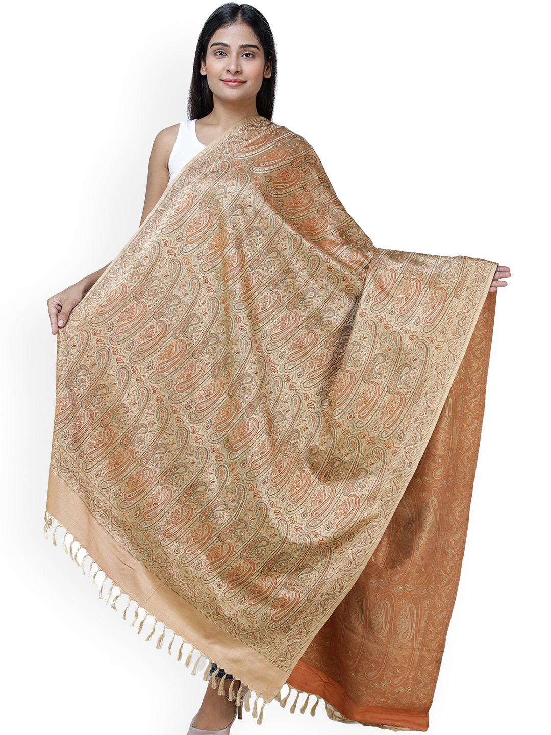 

Exotic India Khaki Pure Silk-Wool Stylized Paisleys Weave Banarasi Shawl