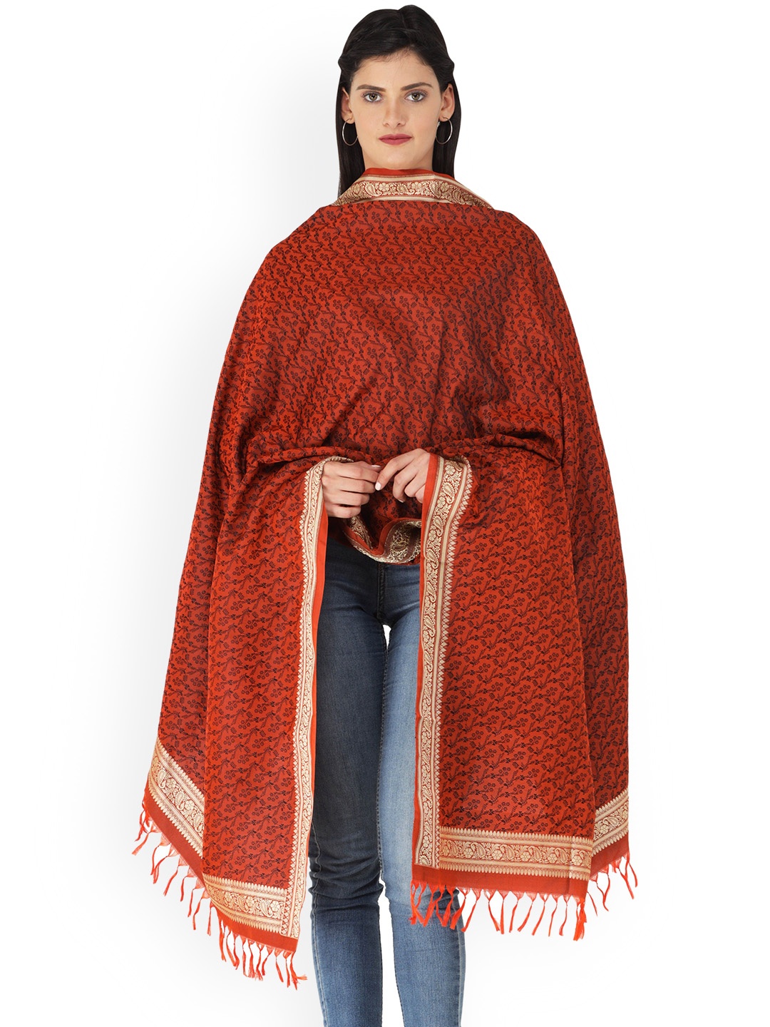 

Exotic India Baked Clay Hand-Woven Pure Silk Tanchoi Weave Banarasi Shawl, Red