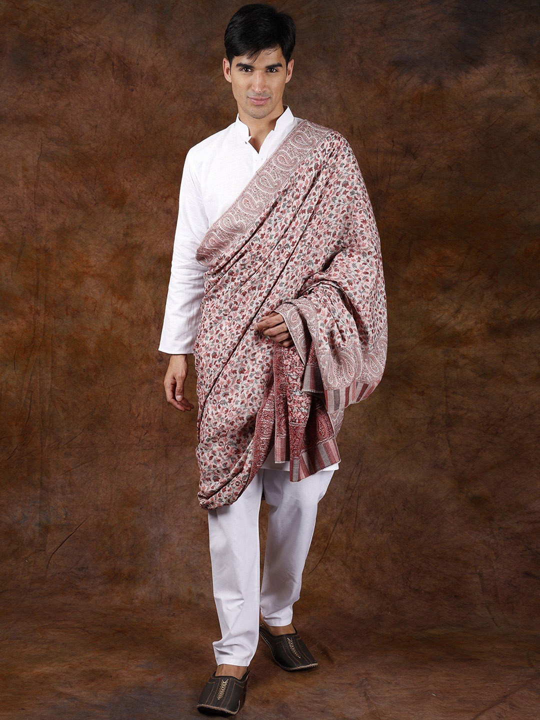 

Exotic India Cream Pink Wool Men's Kani Jamawar Flowers and Paiselys Woven Shawl