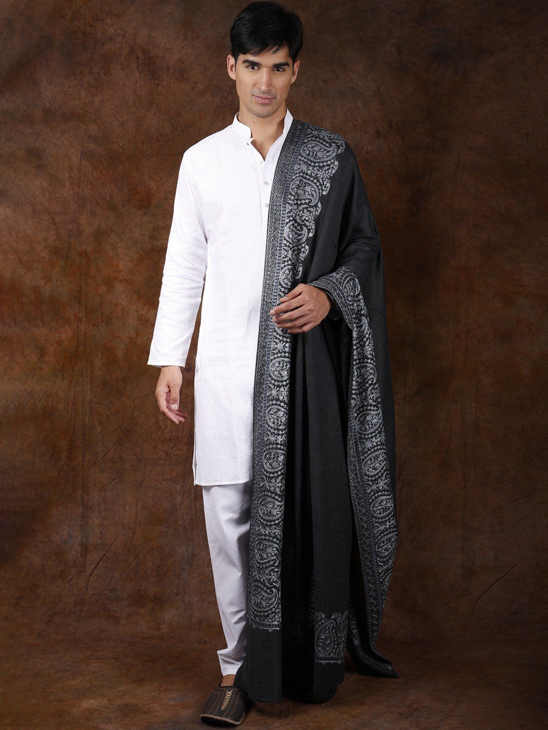 

Exotic India Woodland Gray Aari Embroidered Paisleys Border Pure Wool Shawl, Grey