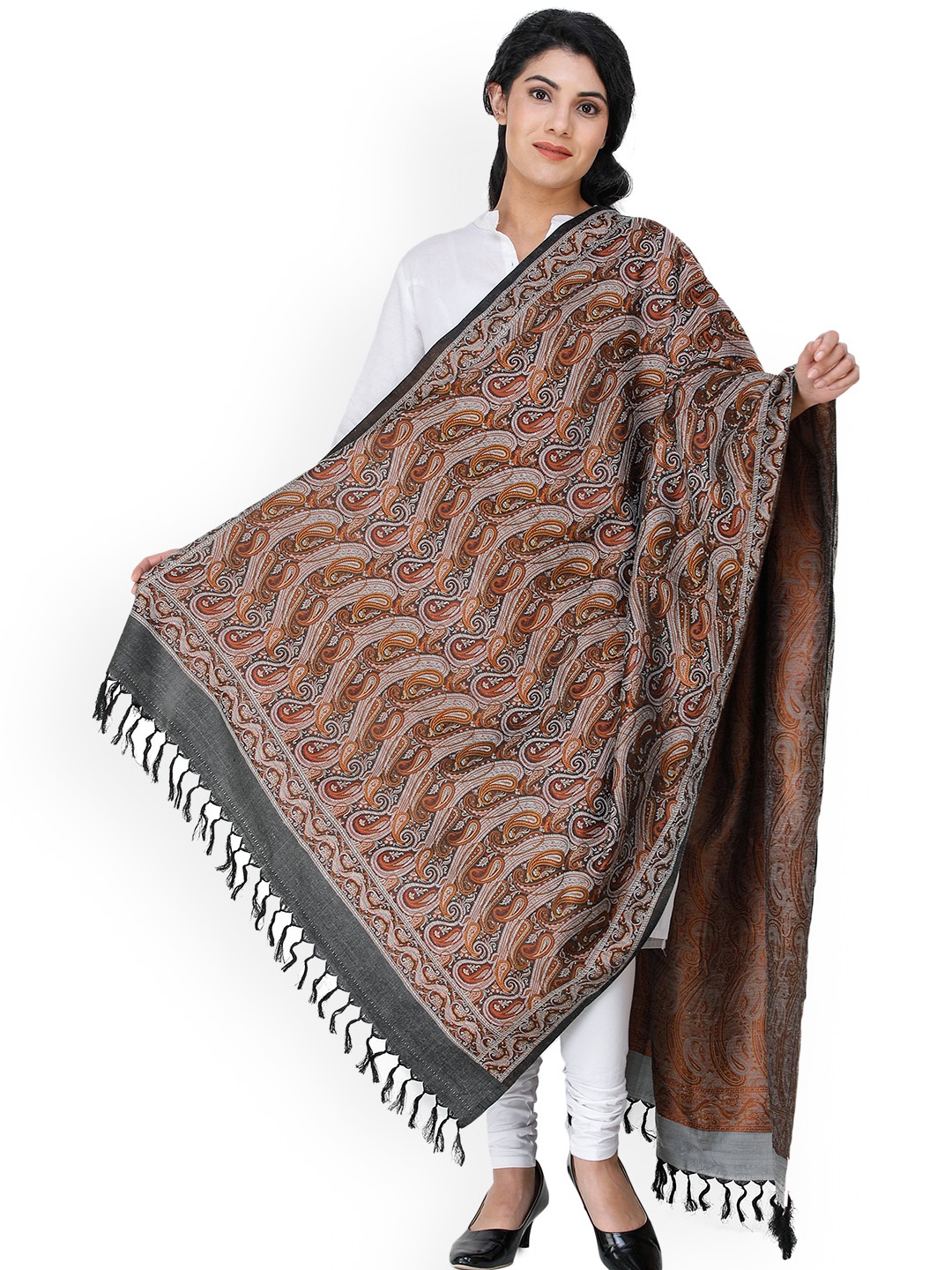 

Exotic India Phantom Black Pure Silk-Wool Stylized Paisleys Weave Banarasi Shawl