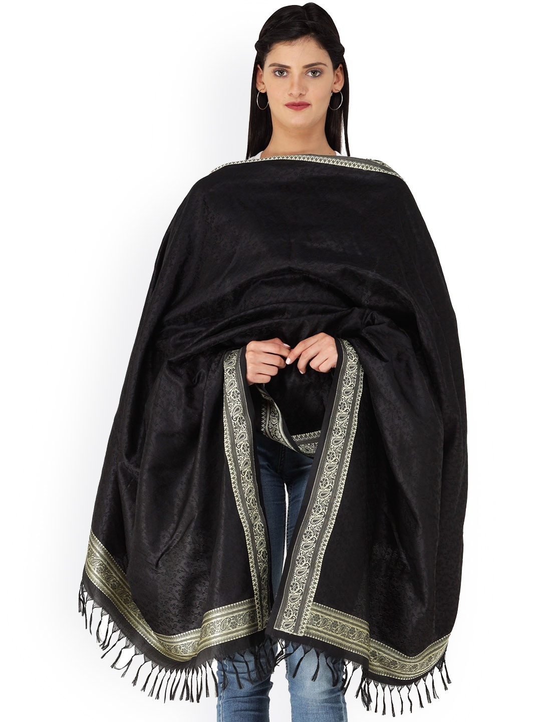 

Exotic India Black Beauty Hand-Woven Pure Silk Tanchoi Weave Banarasi Shawl