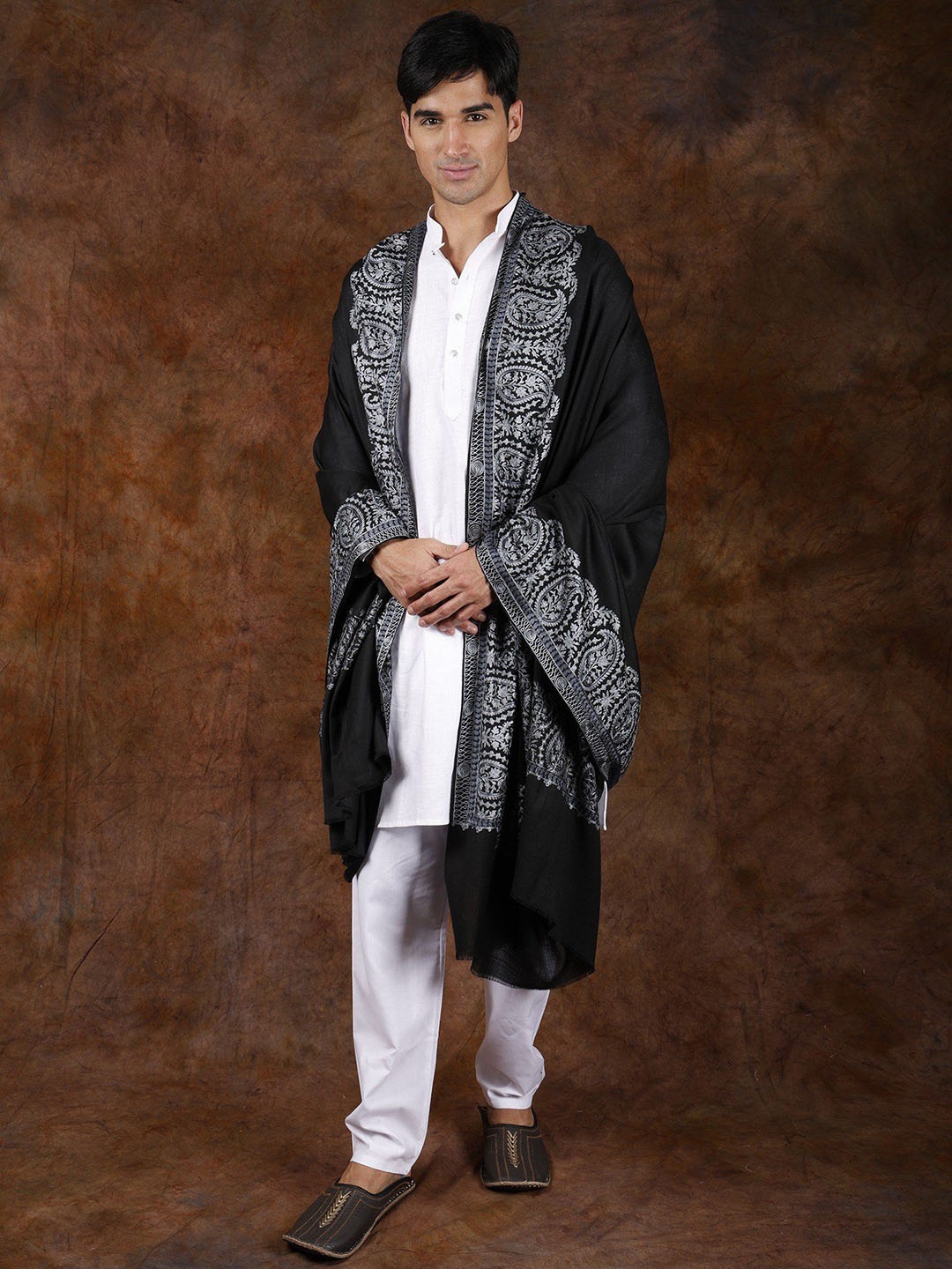 

Exotic India Black Beauty Aari Embroidered Paisleys Border Pure Wool Shawl
