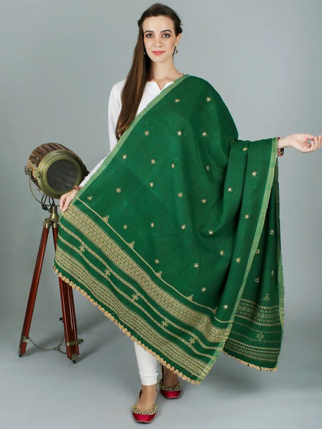 

Exotic India Floral Embroidered Pure Woolen Shawl, Green