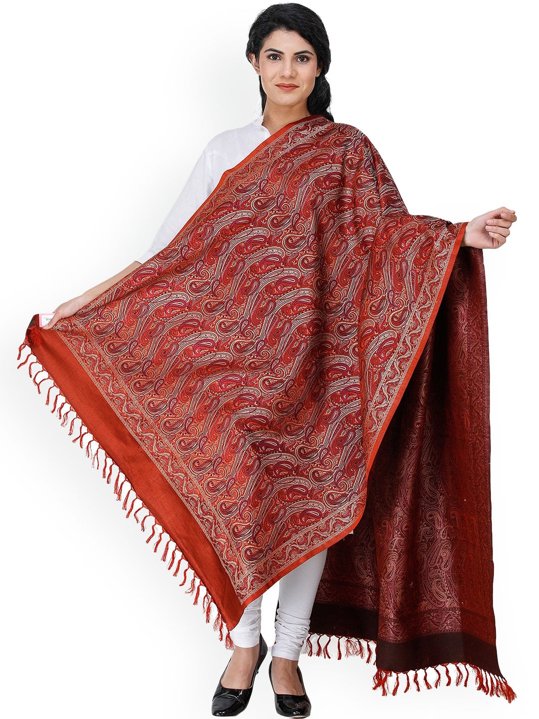 

Exotic India Bossanova Pure Silk-Wool Stylized Paisleys Woven Banarasi Shawl, Red