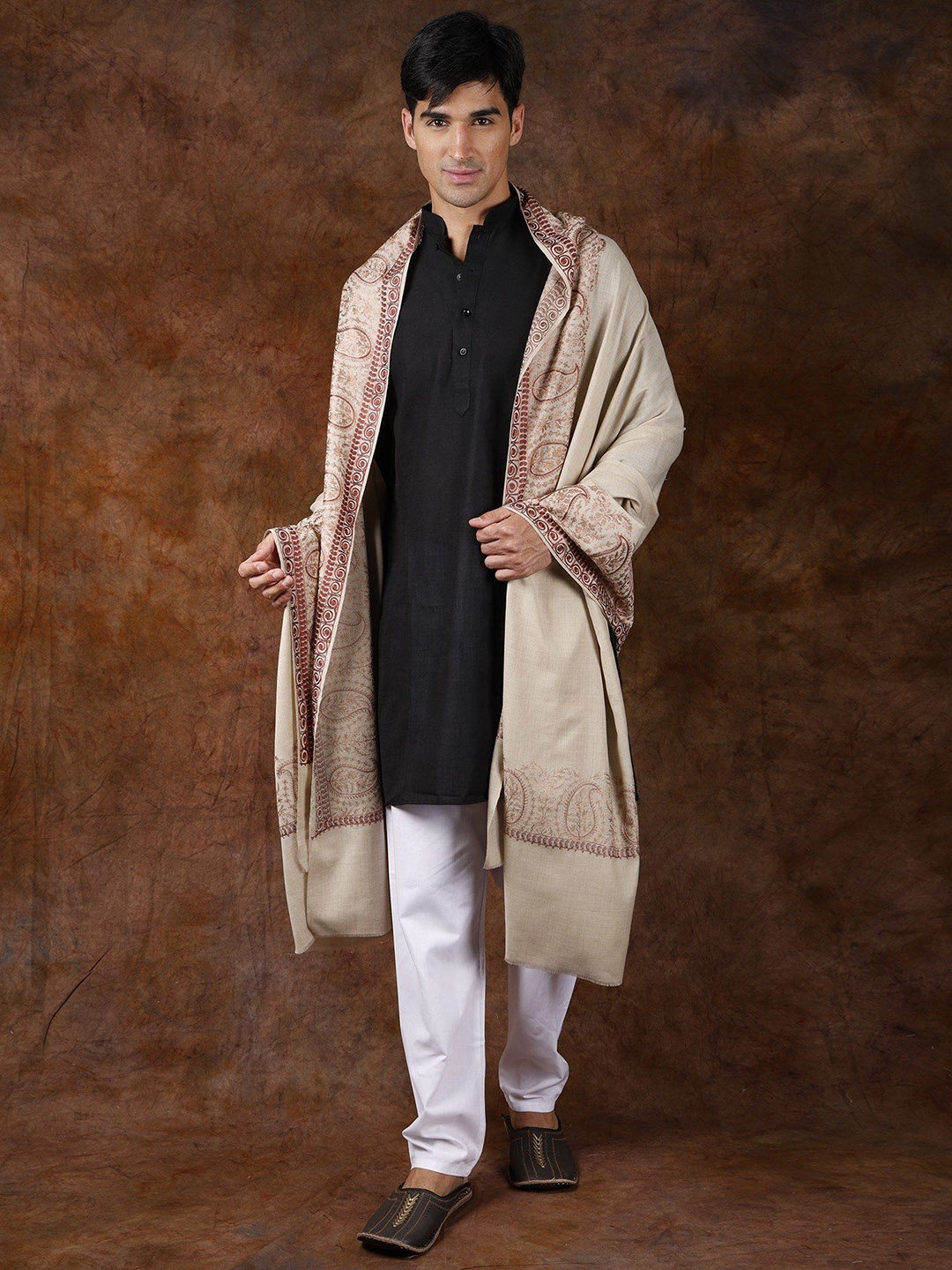 

Exotic India Oyster Gray Aari Embroidered Paisleys Border Pure Wool Shawl, Grey