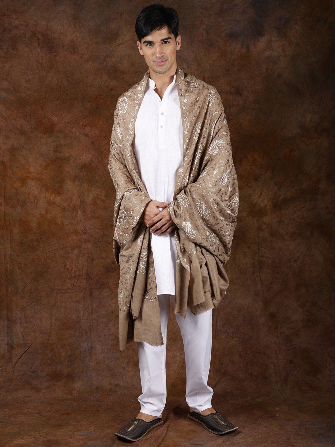 

Exotic India Ethnic Motifs Embroidered Woollen Shawl, Brown