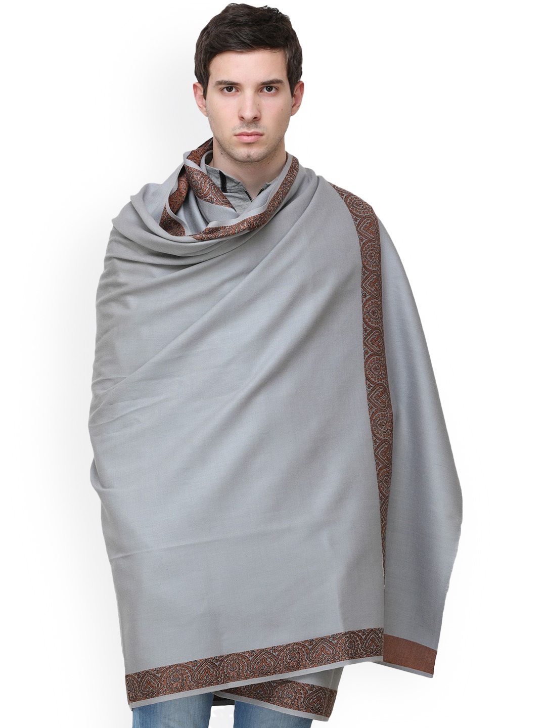 

Exotic India Gray Men's Brown Woven Border Pure Wool Plain Shawl, Grey