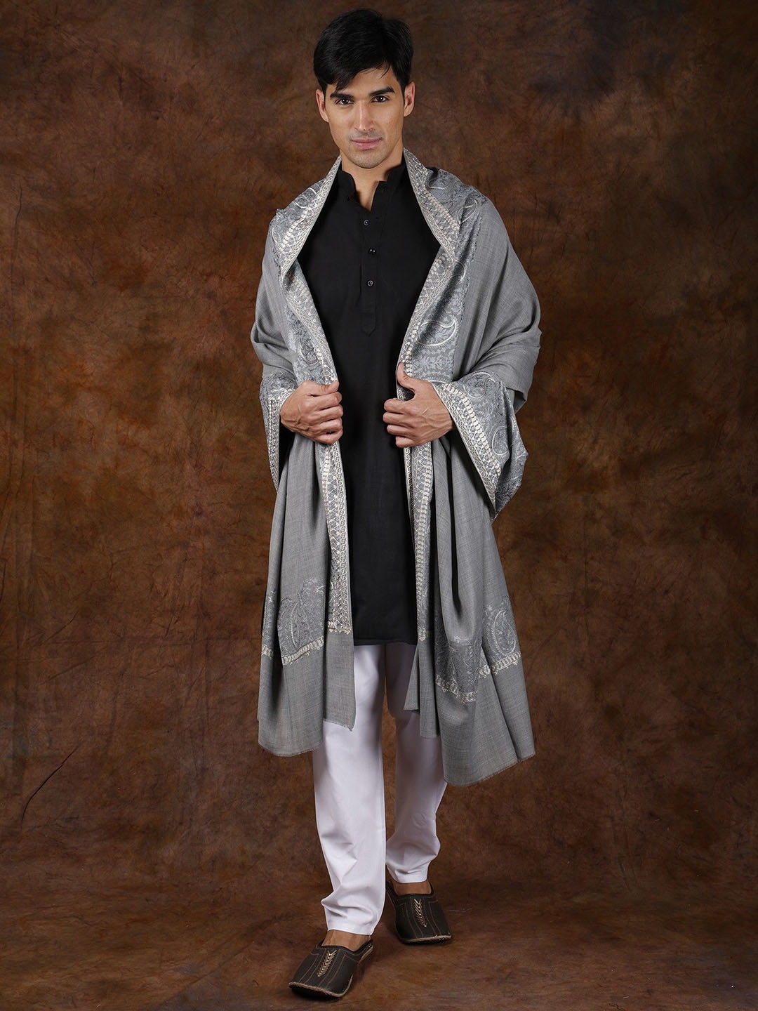 

Exotic India Wild De Aari Embroidered Paisleys Border Pure Wool Shawl, Grey