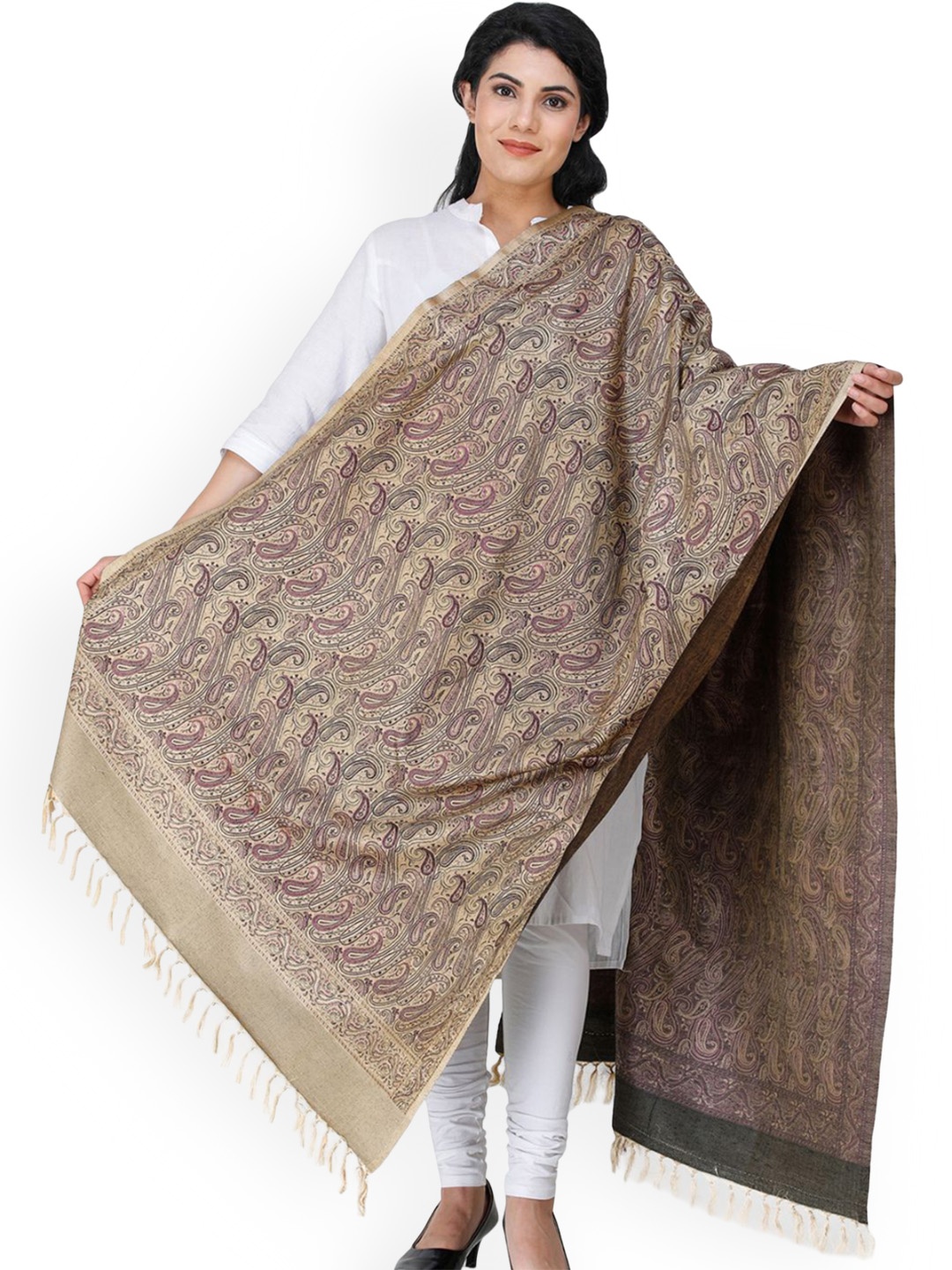 

Exotic India Pebble Pure Silk-Wool Stylized Paisleys Weave Banarasi Shawl, Beige