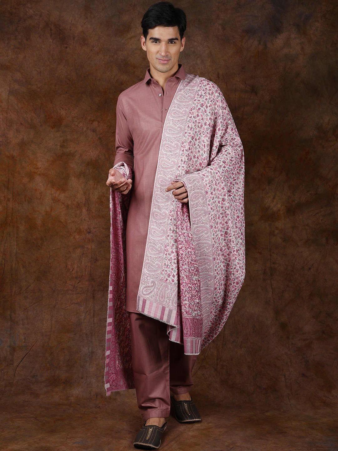 

Exotic India Petal Pink Wool Men's Kani Jamawar Flowers & Paiselys Woven Shawl
